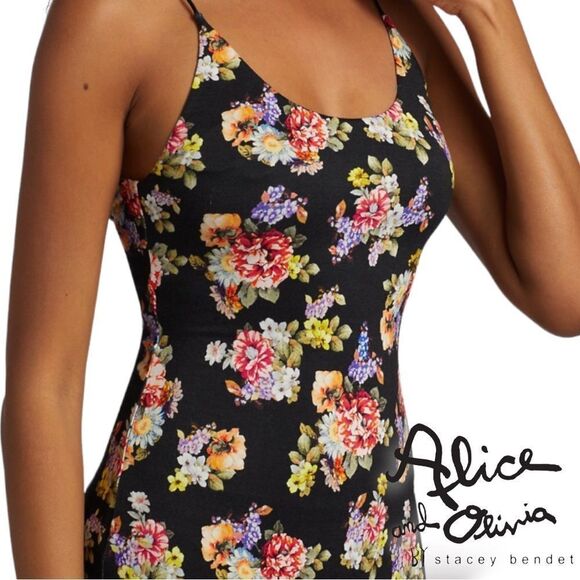 ALICE + OLIVIA *NWT* Delora Spaghetti Strap Fitted MIDI Dress in Magnolia Floral - Picture 6 of 12
